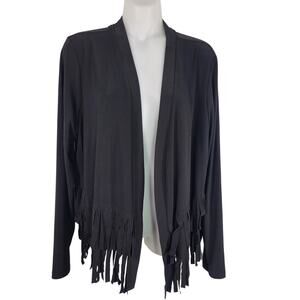 Attitudes by Renee Womens Como Jersey Fringe Jacket Black Large Knit Open Front